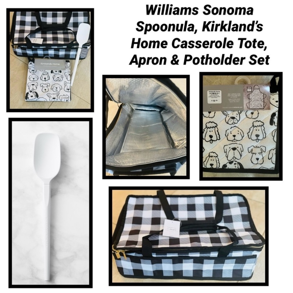 Williams Sonoma Spoonula, Kirkland’s Home Casserole Tote, Apron & Potholder Set